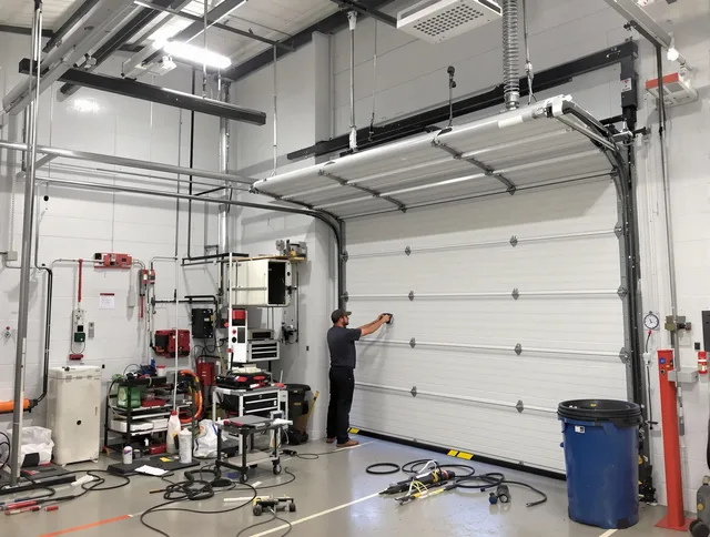 Westport Garage Door Repair certified technician performing commercial door repair at a Westport business facility