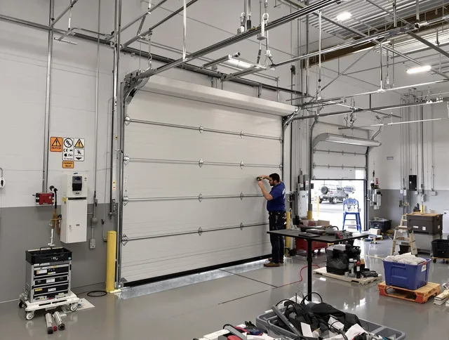 Commercial garage door repair being performed by Westport Garage Door Repair expert in Westport
