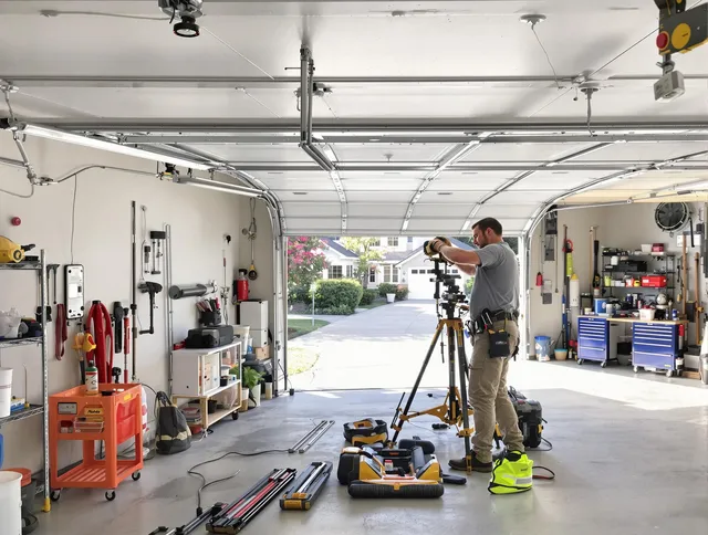 Westport Garage Door Repair specialist performing laser-guided track alignment in Westport